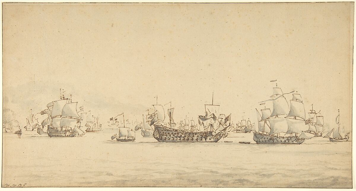 Warships at Sea, Willem van de Velde II (Dutch, Leiden 1633–1707 London), Pen and brown ink, brush and gray wash 