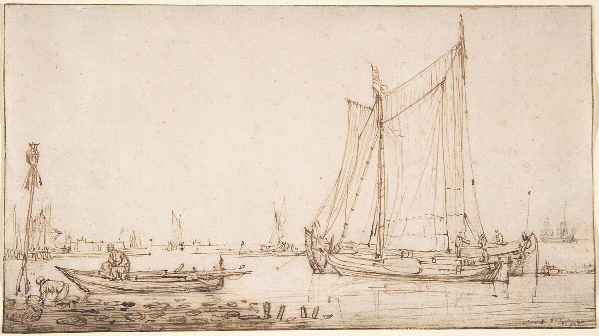 River Scene with Boats, Simon de Vlieger (Dutch, Rotterdam (?) ca. 1600/1601–1653 Weesp), Pen and brown ink 
