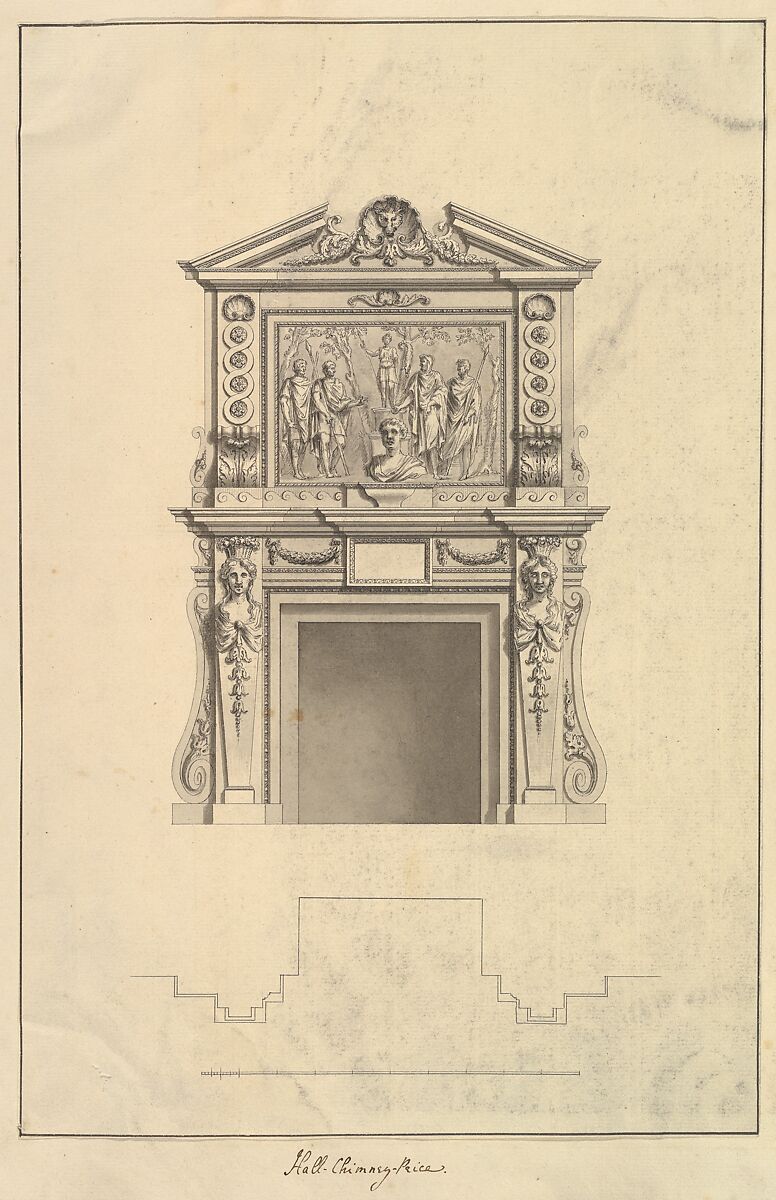 Hall Chimney-Piece, Houghton Hall, Norfolk, Isaac Ware (British, before 1704–1766 Hampstead), Pen and black ink, brush and gray wash 