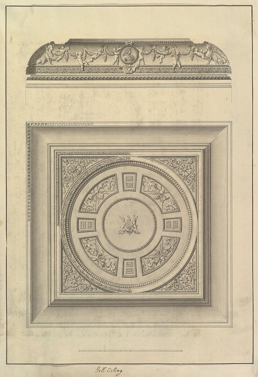 Hall Ceiling, Houghton Hall, Norfolk, Isaac Ware (British, before 1704–1766 Hampstead), Pen and black ink, brush and gray wash 