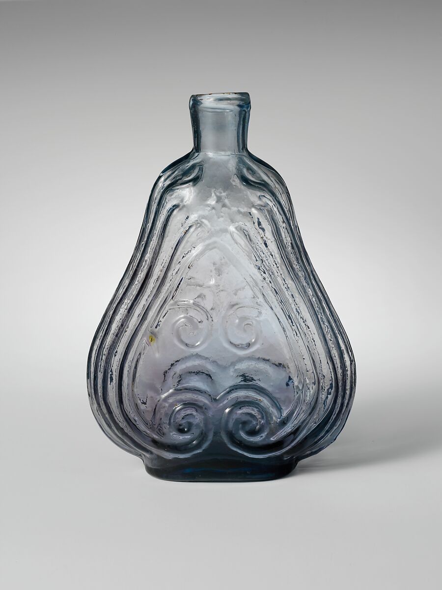 Scroll flask, Free-blown molded gray glass, American 