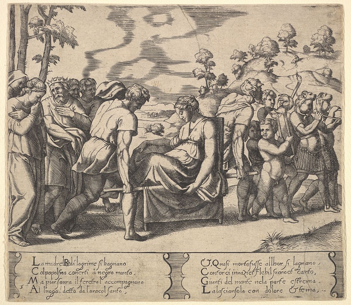 Plate 5: Psyche carried on a litter, from "The Fable of Cupid and Psyche", Master of the Die (Italian, active Rome, ca. 1530–60), Engraving 