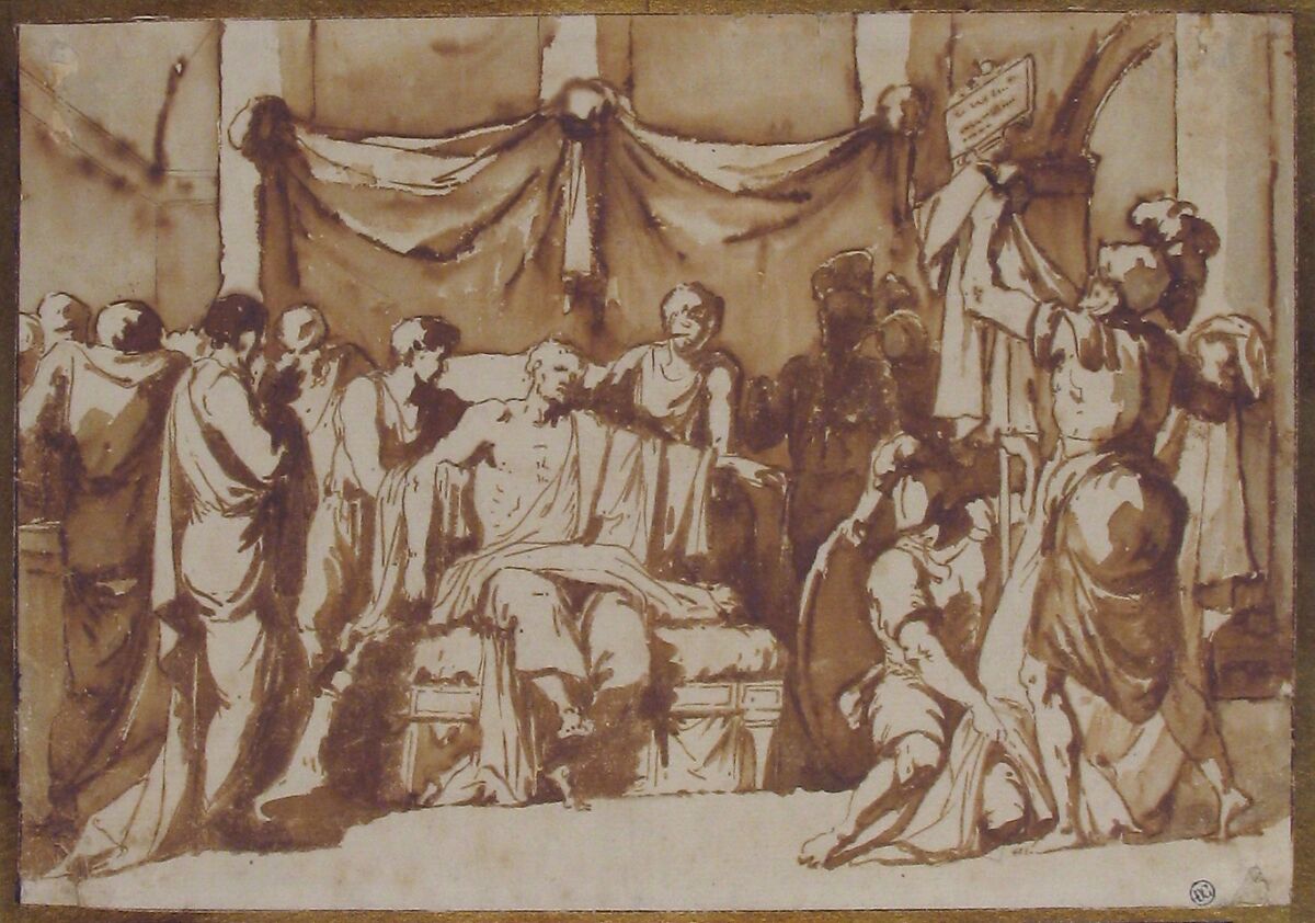 The Death of Seneca, Pierre Peyron (French, Aix-en-Provence 1744–1814 Paris), Pen and brown ink, brush and brown wash