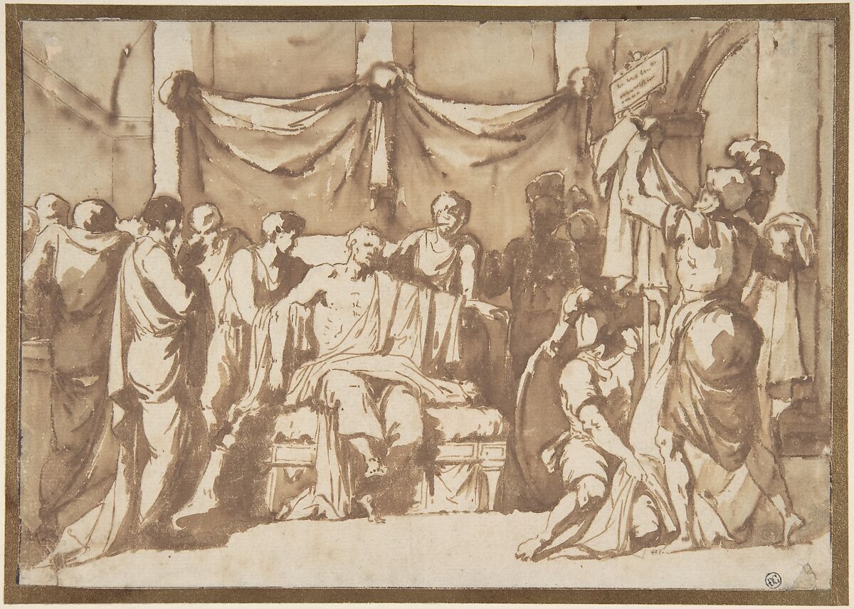 The Death of Seneca, Pierre Peyron (French, Aix-en-Provence 1744–1814 Paris), Pen and brown ink, brush and brown wash 