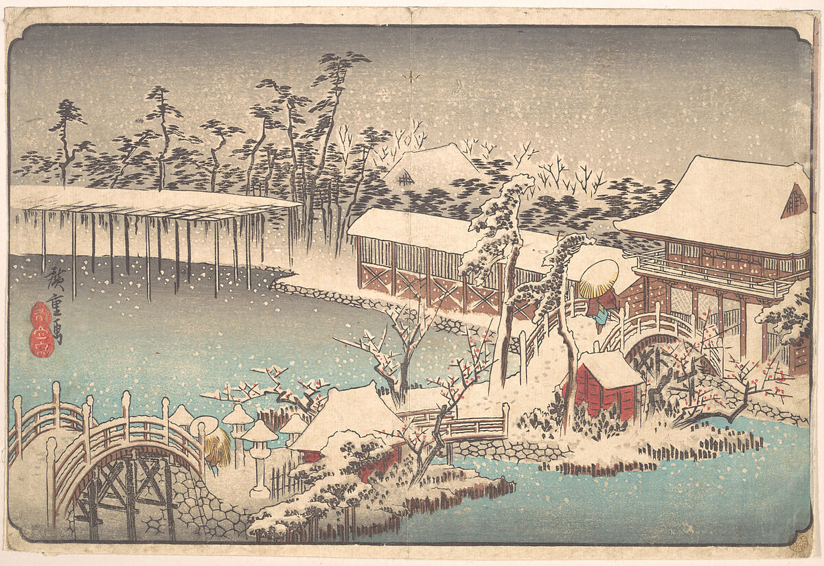 Kameido Tenmangu Keidai no Yuki, Utagawa Hiroshige (Japanese, Tokyo (Edo) 1797–1858 Tokyo (Edo)), Woodblock print; ink and color on paper, Japan 