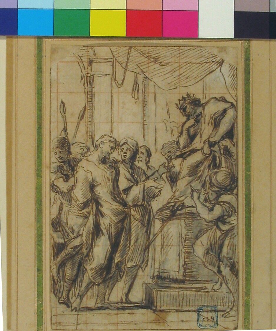 Christ Before Pilate, Thomas Blanchet (French, Paris 1614–1689 Lyon), Pen and brown ink, brush and gray wash, over black chalk underdrawing, squared in red chalk