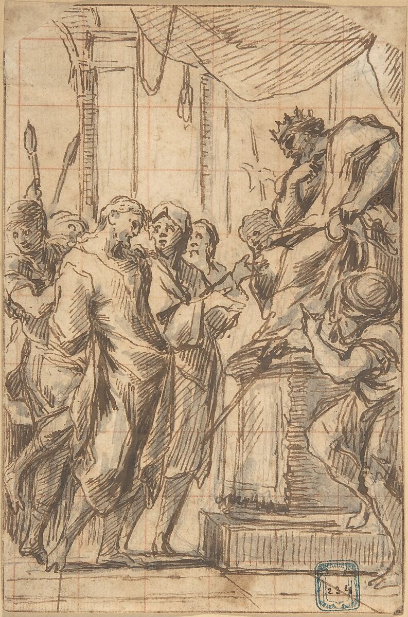 Christ Before Pilate, Thomas Blanchet (French, Paris 1614–1689 Lyon), Pen and brown ink, brush and gray wash, over black chalk underdrawing, squared in red chalk 