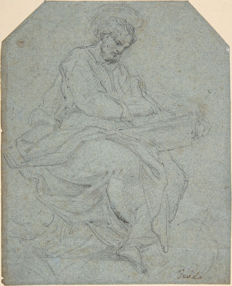A Seated Apostle (recto); Drapery Study (verso), Anonymous, French, 18th century, Black chalk on blue paper 
