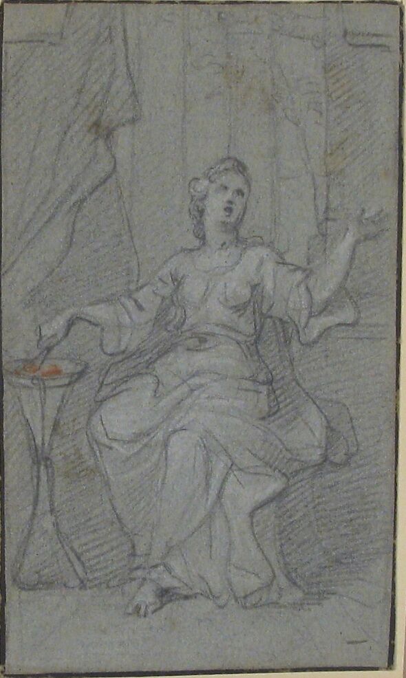 Woman Lighting a Sacrificial Fire, Attributed to Claude Guy Hallé (French, Paris 1652–1736 Paris), Black and white chalk on blue paper, with touches of red wash