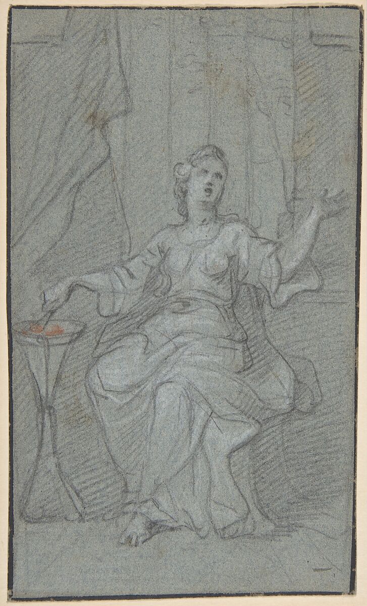 Woman Lighting a Sacrificial Fire, Attributed to Claude Guy Hallé (French, Paris 1652–1736 Paris), Black and white chalk on blue paper, with touches of red wash 