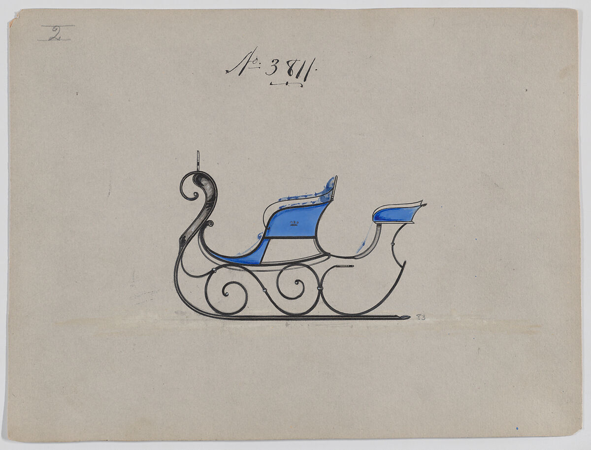 Design for Rumble Sleigh, no. 3811, Brewster &amp; Co. (American, New York), Pen and black ink watercolor and gouache 
