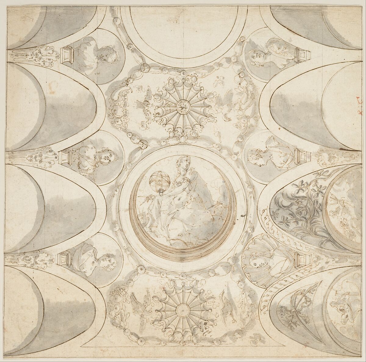 Design for Ceiling with Allegorical Figure of Astronomy., Giovanni Battista Crespi ("Il Cerano") (Italian, Cerano (?) near Novara ca. 1575–1632 Milan), Pen and brown ink, brush and gray wash, over construction in leadpoint 