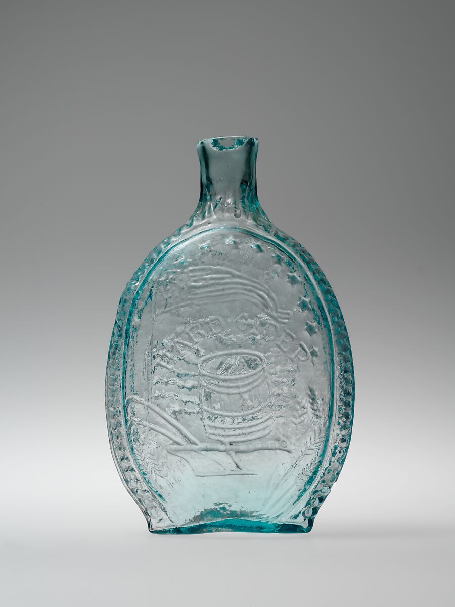 Figured flask, Blown-molded glass, American