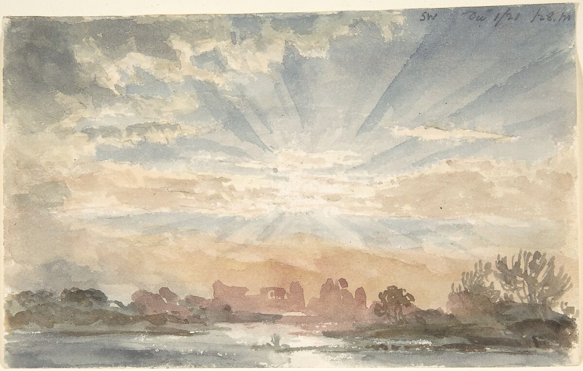 Landscape with rising sun, December 1, 1828, 8:30 a.m., Joseph Michael Gandy (British, London 1771–1843 London), Watercolor over graphite 