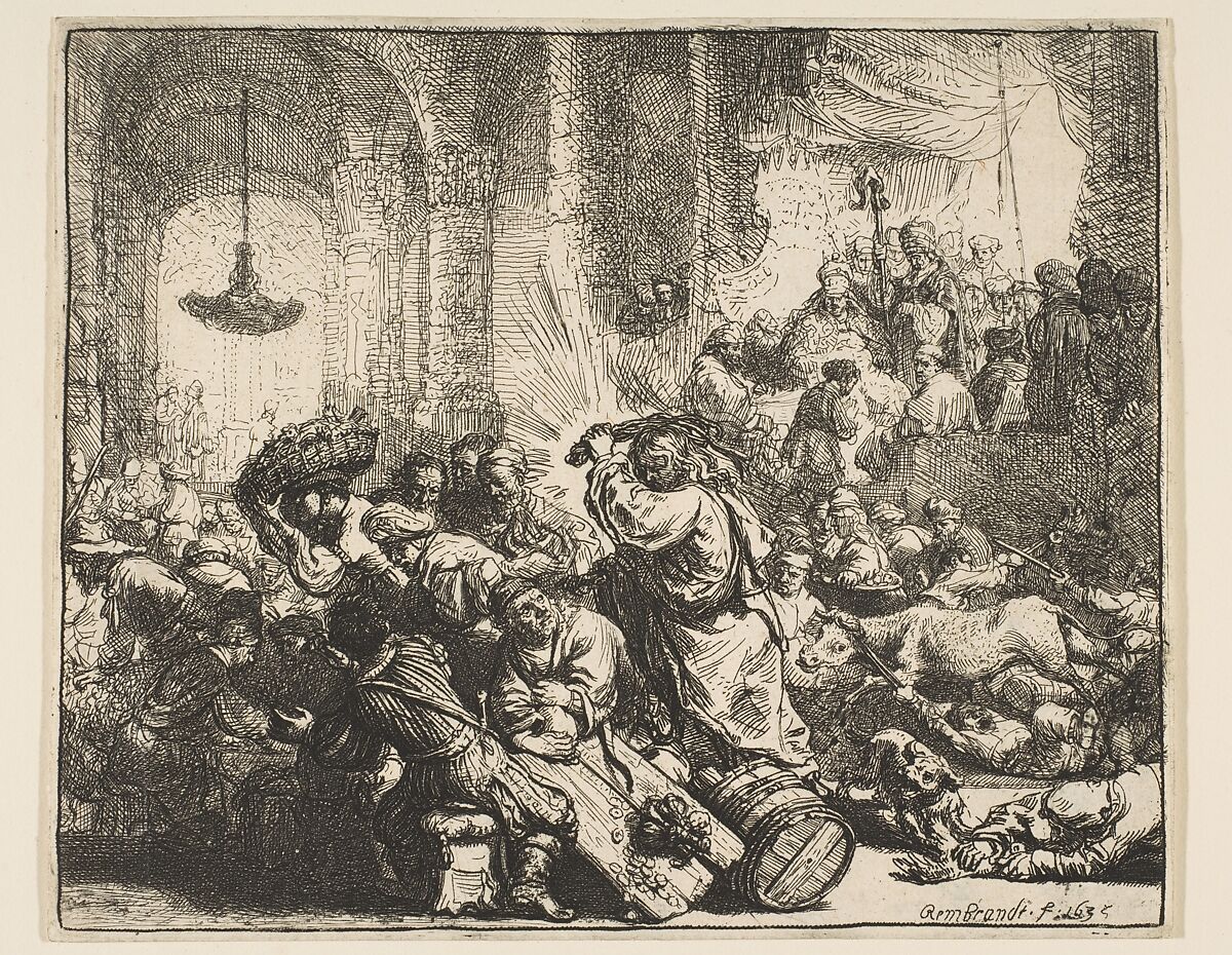 Christ Driving the Money Changers from the Temple, Rembrandt (Rembrandt van Rijn) (Dutch, Leiden 1606–1669 Amsterdam), Etching 