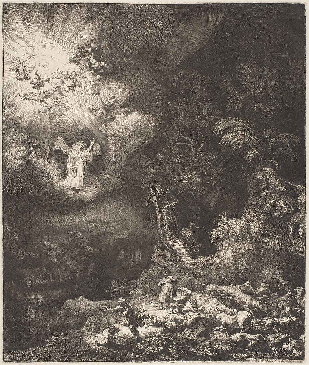 The Angel Appearing to the Shepherds, Rembrandt (Rembrandt van Rijn) (Dutch, Leiden 1606–1669 Amsterdam), Etching and drypoint; third state of three