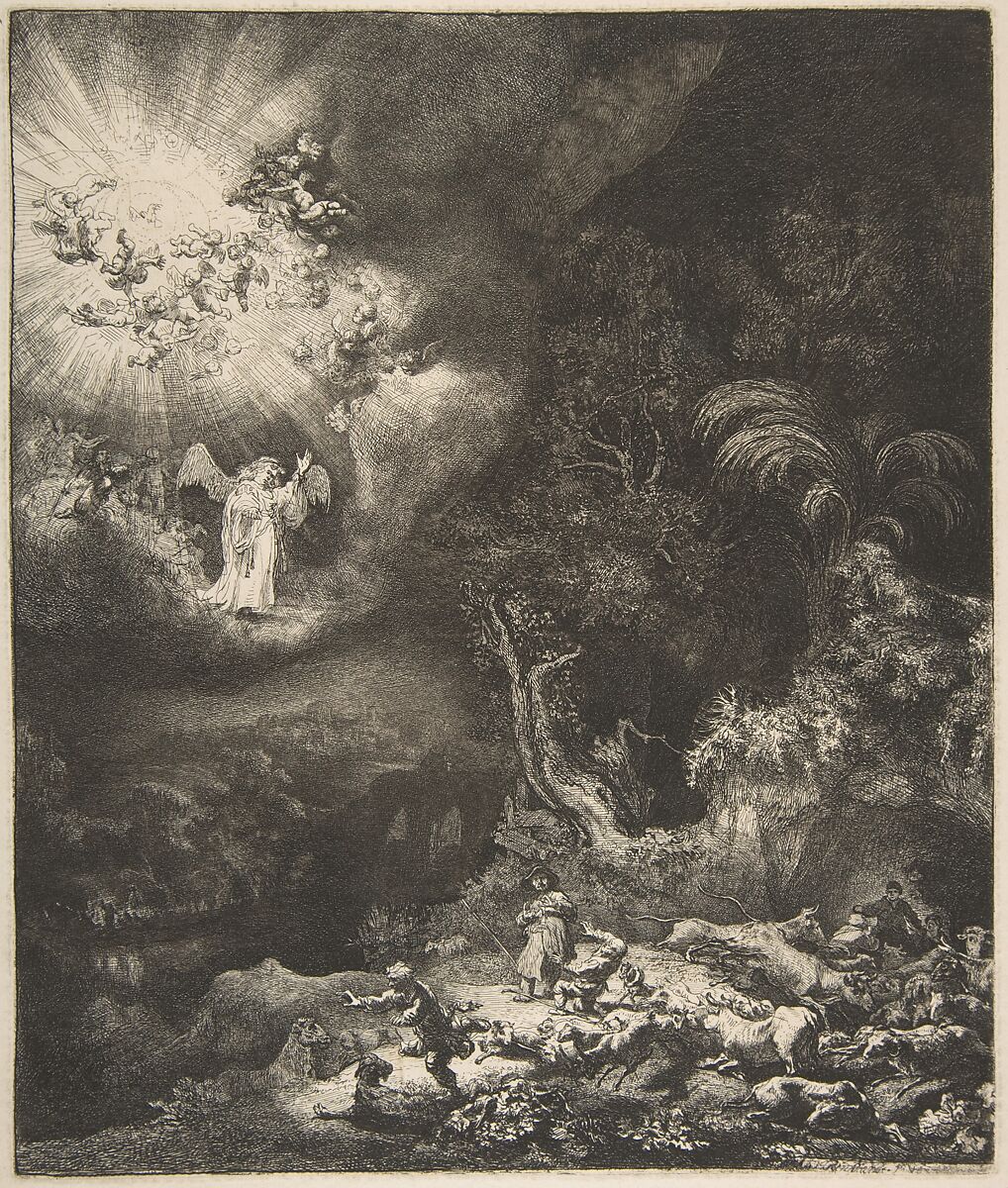 The Angel Appearing to the Shepherds, Rembrandt (Rembrandt van Rijn) (Dutch, Leiden 1606–1669 Amsterdam), Etching and drypoint; third state of three 