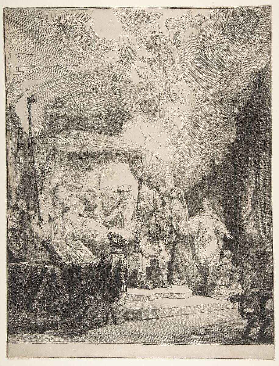 The Death of the Virgin, Rembrandt (Rembrandt van Rijn) (Dutch, Leiden 1606–1669 Amsterdam), Etching and drypoint 