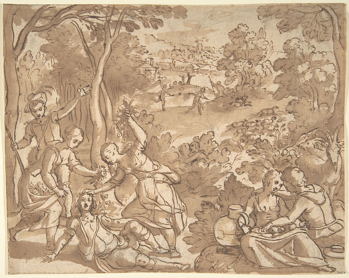 Landscape with Lovers and Hunters, Adam van Noort (Flemish, Antwerp 1561–1641 Antwerp), Black chalk, pen and brown ink and brown wash 