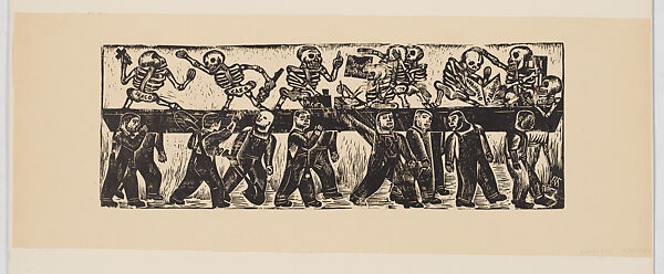 Workers supporting skeletons on a beam (prostitute calaveras), Everardo Ramírez (Mexican, Coyoacán 1906–1992 Mexico City), Woodcut 