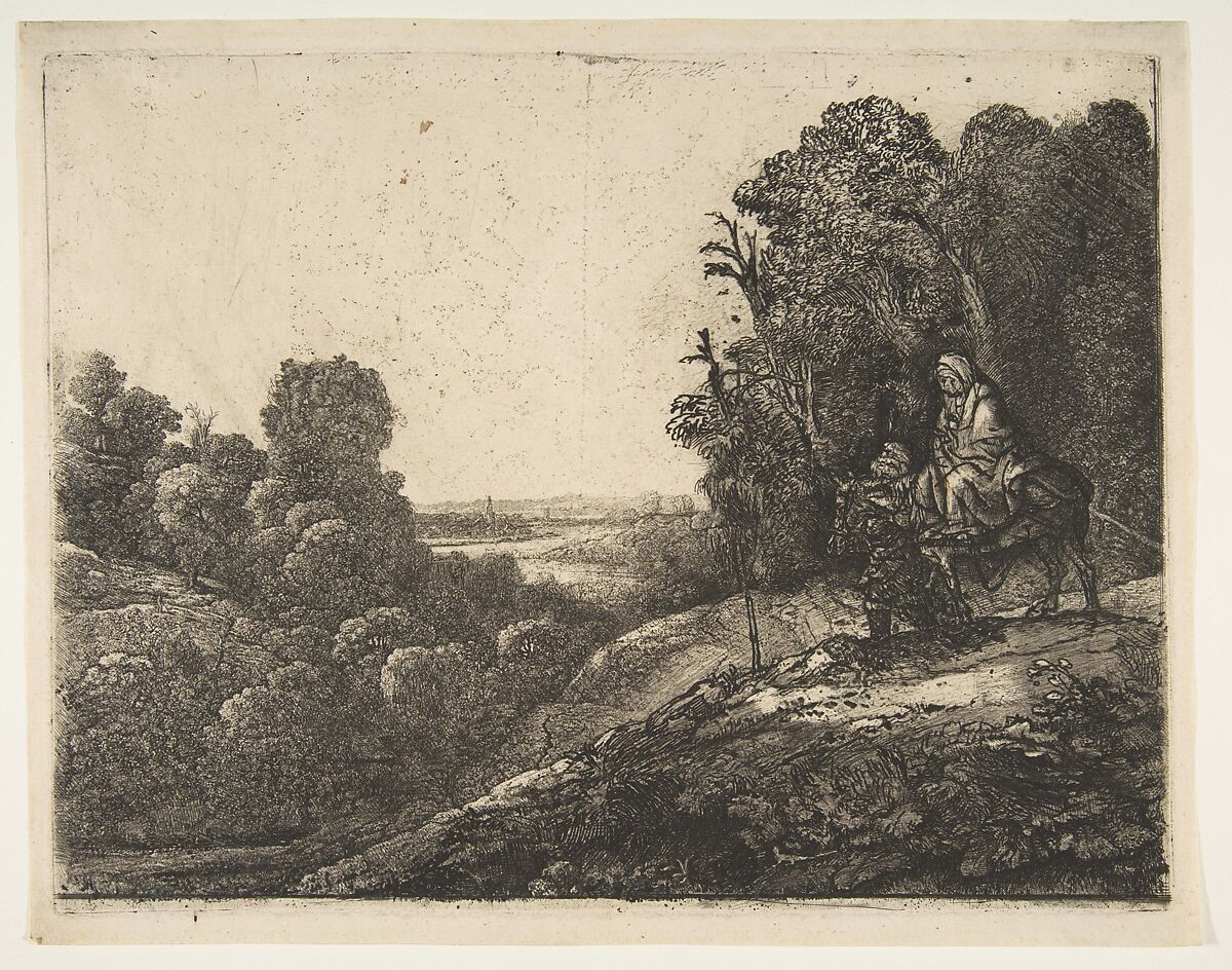 Flight into Egypt: Altered from Tobias and the Angel by Hercules Segers, Rembrandt (Rembrandt van Rijn) (Dutch, Leiden 1606–1669 Amsterdam), Etching reworked with drypoint and burin by Rembrandt; fifth of six states 