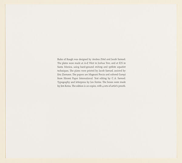 Rules of Raugh, Andrea Zittel (American, born Escondido, California, 1965), A portfolio of nine etchings and aquatints on chine collé