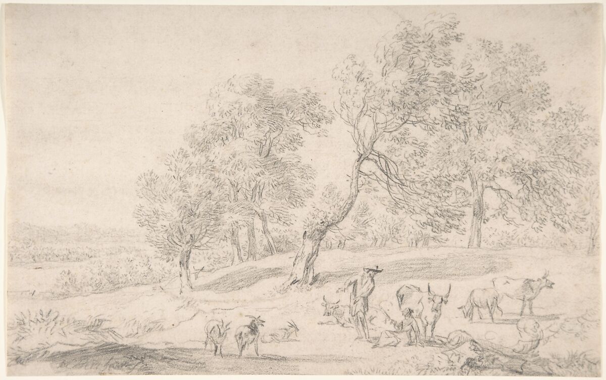 Cattle and Figures in a Landscape, Nicolaes Berchem (Dutch, Haarlem 1621/22–1683 Amsterdam), Black chalk 