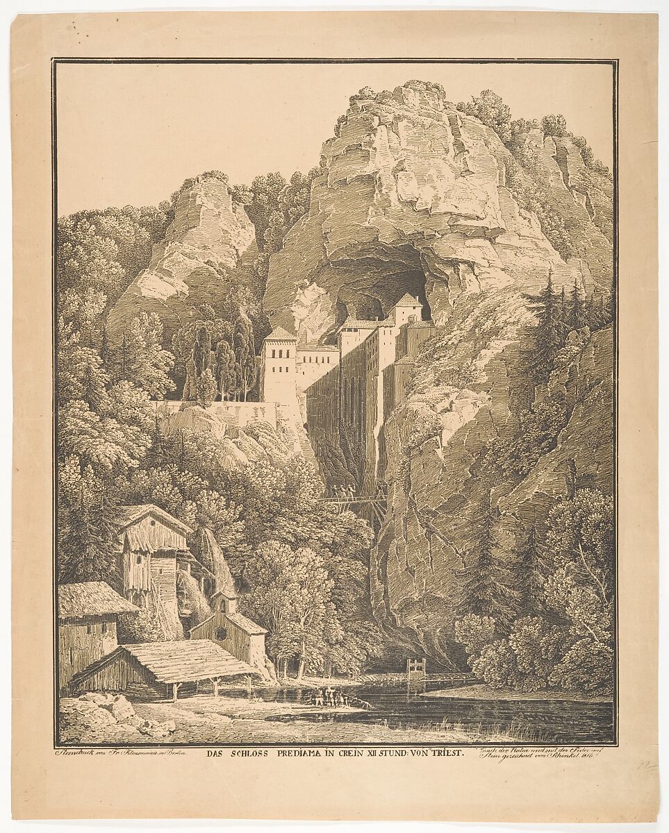 Das Schloss Prediama in Crein XII Stund: von Triest, Karl Friedrich Schinkel (German, Neuruppin 1781–1841 Berlin), Pen lithograph; first state 
