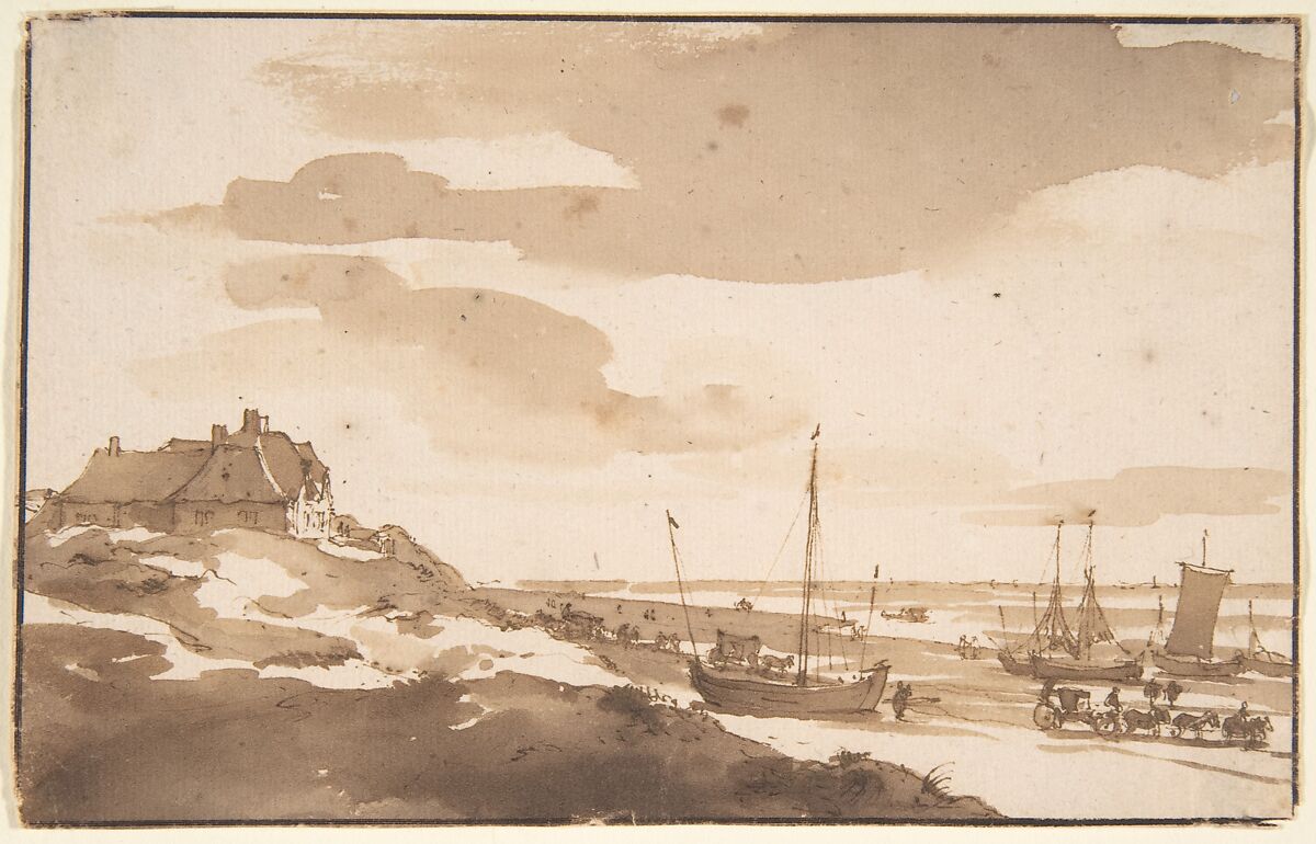 View of the Dunes at Scheveningen, Jan de Bisschop (Dutch, Amsterdam 1628–1671 The Hague), Pen and brown ink, brush and brown wash; framing lines in pen and brown ink, probably by a later hand 