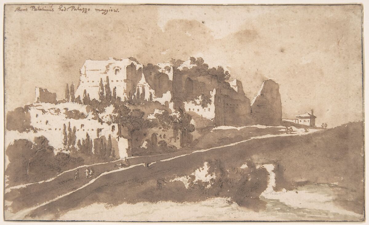 View of the "Palazzo Maggiore" on the Palatine Hill, Rome, Jan de Bisschop (Dutch, Amsterdam 1628–1671 The Hague), Pen and brown ink, brush and brown wash, over black chalk; framing lines in pen and brown ink 