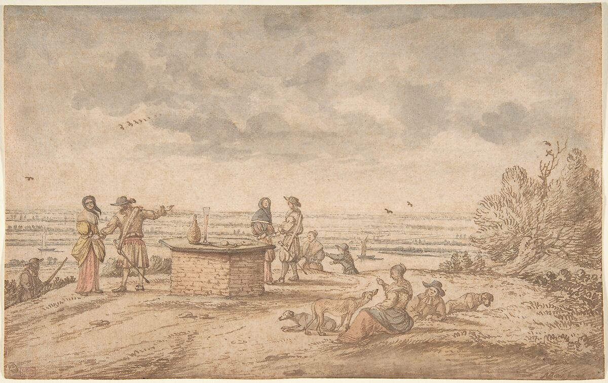 Elegant Party on the Tafelberg, Anthonie van Borssom (Dutch, Amsterdam 1630/31–1677 Amsterdam), Pen and brown ink, brush and brown, blue, red and yellow wash 