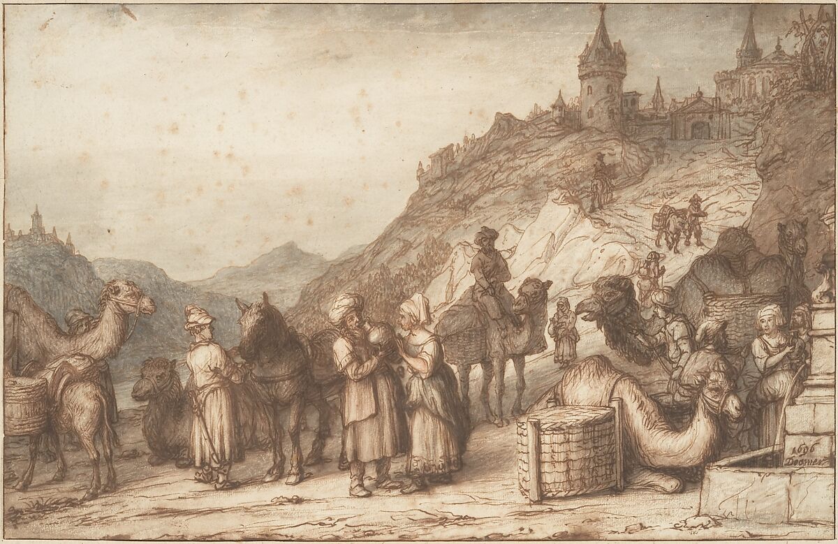 Rebecca and Eliezer at the Well, Lambert Doomer (Dutch, Amsterdam 1624–1700 Amsterdam), Pen and brown ink, brush and brown, gray and red wash; framing lines in pen and brown ink