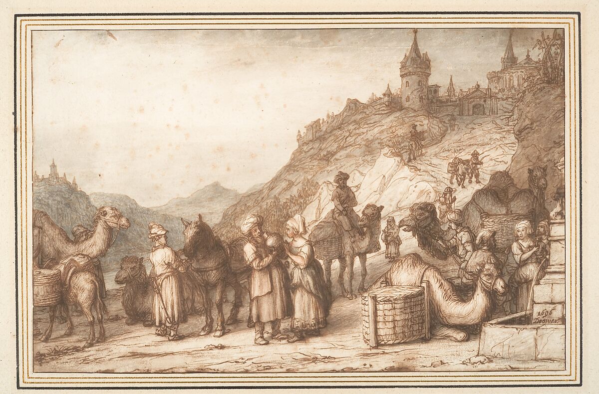 Rebecca and Eliezer at the Well, Lambert Doomer (Dutch, Amsterdam 1624–1700 Amsterdam), Pen and brown ink, brush and brown, gray and red wash; framing lines in pen and brown ink