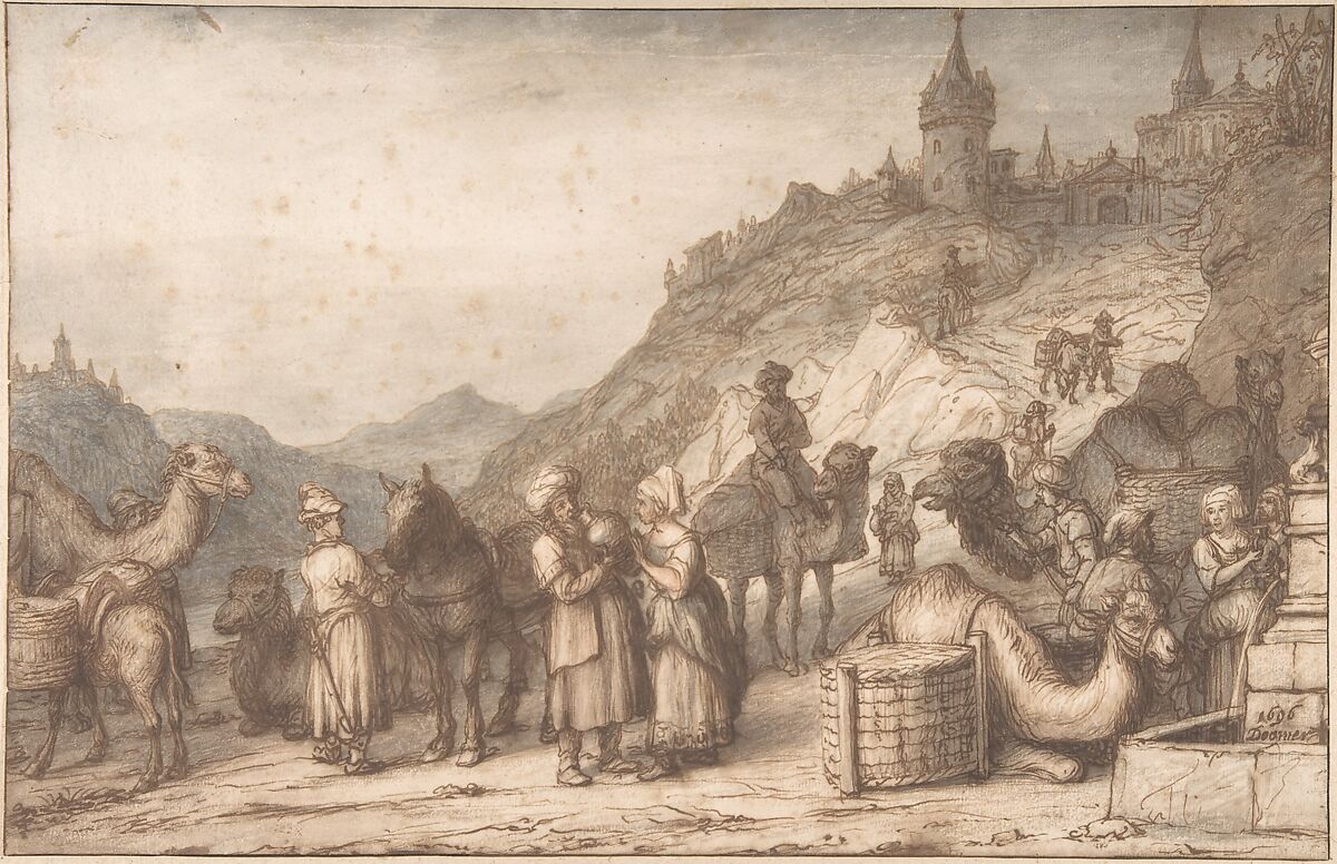 Rebecca and Eliezer at the Well, Lambert Doomer (Dutch, Amsterdam 1624–1700 Amsterdam), Pen and brown ink, brush and brown, gray and red wash, with framing line in pen and brown ink 