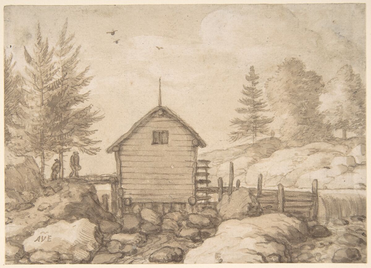 A Mill on Rocks in a River in Norway, Allart van Everdingen (Dutch, Alkmaar 1621–1675 Amsterdam), Pen and brown ink, brown wash, and black chalk 