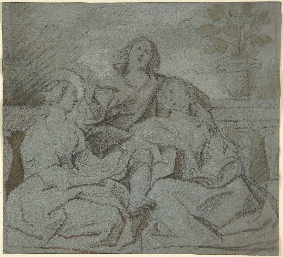 A Youth and Two Girls Singing, Jacob Jordaens (Flemish, Antwerp 1593–1678 Antwerp), Black chalk, brown wash, heightened with white, on blue paper 