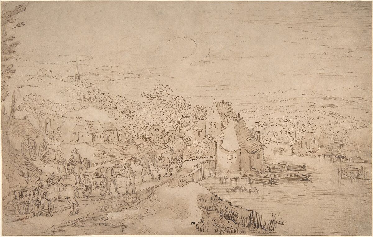 River Landscape with Wagons on a Road near a Village, Joos de Momper the Younger (Netherlandish, Antwerp 1564–1635 Antwerp), Pen and brown ink, brown wash, traces of black chalk 