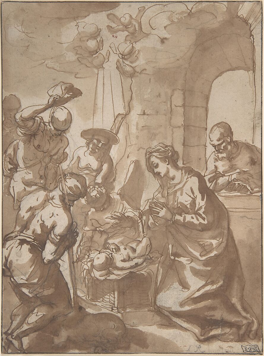 The Adoration of the Shepherds, Hans Rottenhammer I (German, Munich 1564–1625 Augsburg), Black chalk, pen and brown ink, brown wash 