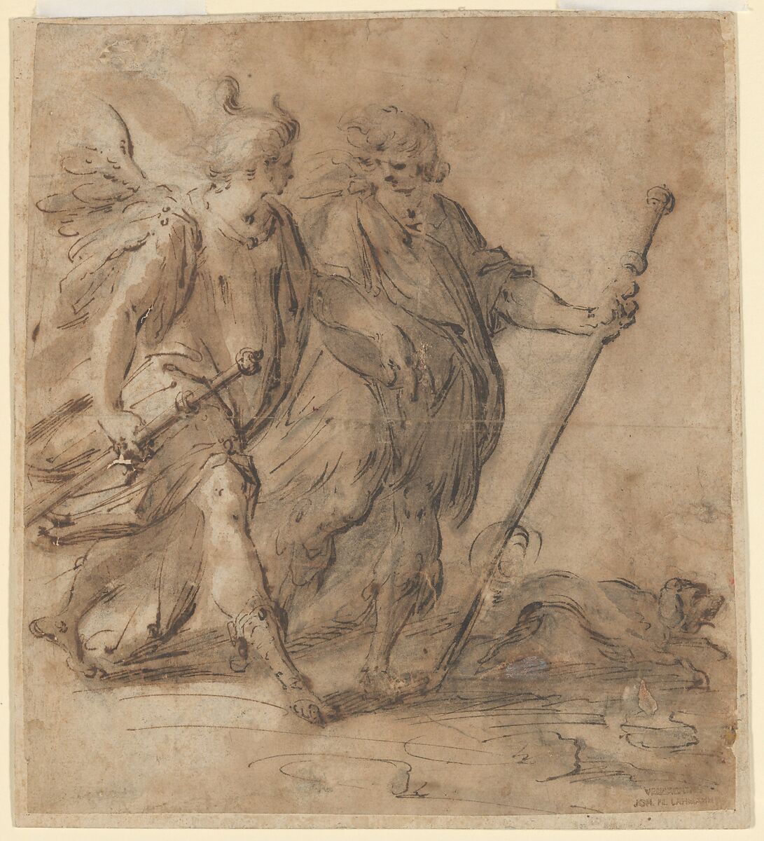 Tobias and the Angel, Hans von Aachen (German, Cologne 1552–1616 Prague), Black chalk, pen and brown ink, brown wash