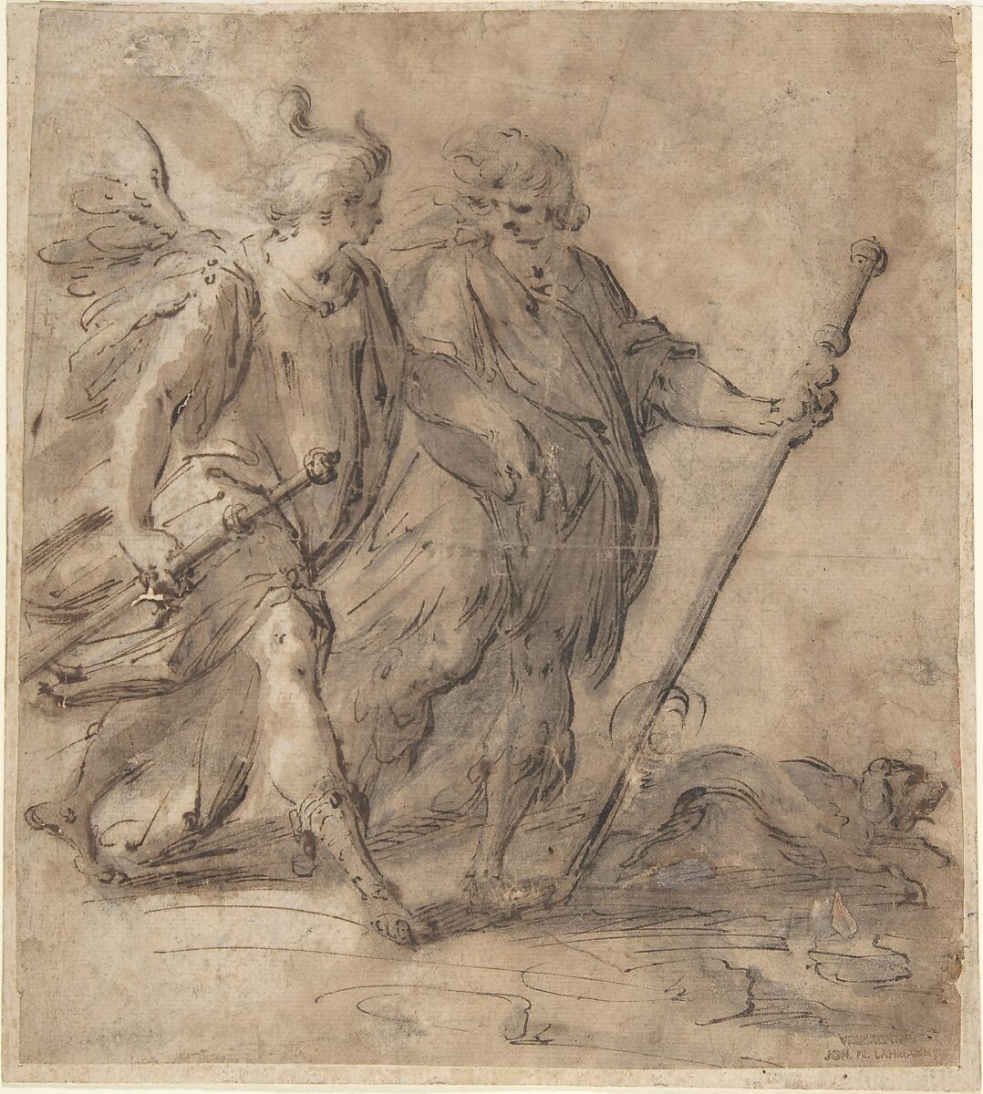 Tobias and the Angel, Hans von Aachen (German, Cologne 1552–1616 Prague), Black chalk, pen and brown ink, brown wash 