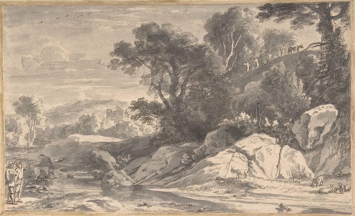 A River Landscape with Travellers, Herman van Swanevelt (Dutch, Woerden (?) ca. 1603–1655 Paris), Pen and brown ink, gray wash 