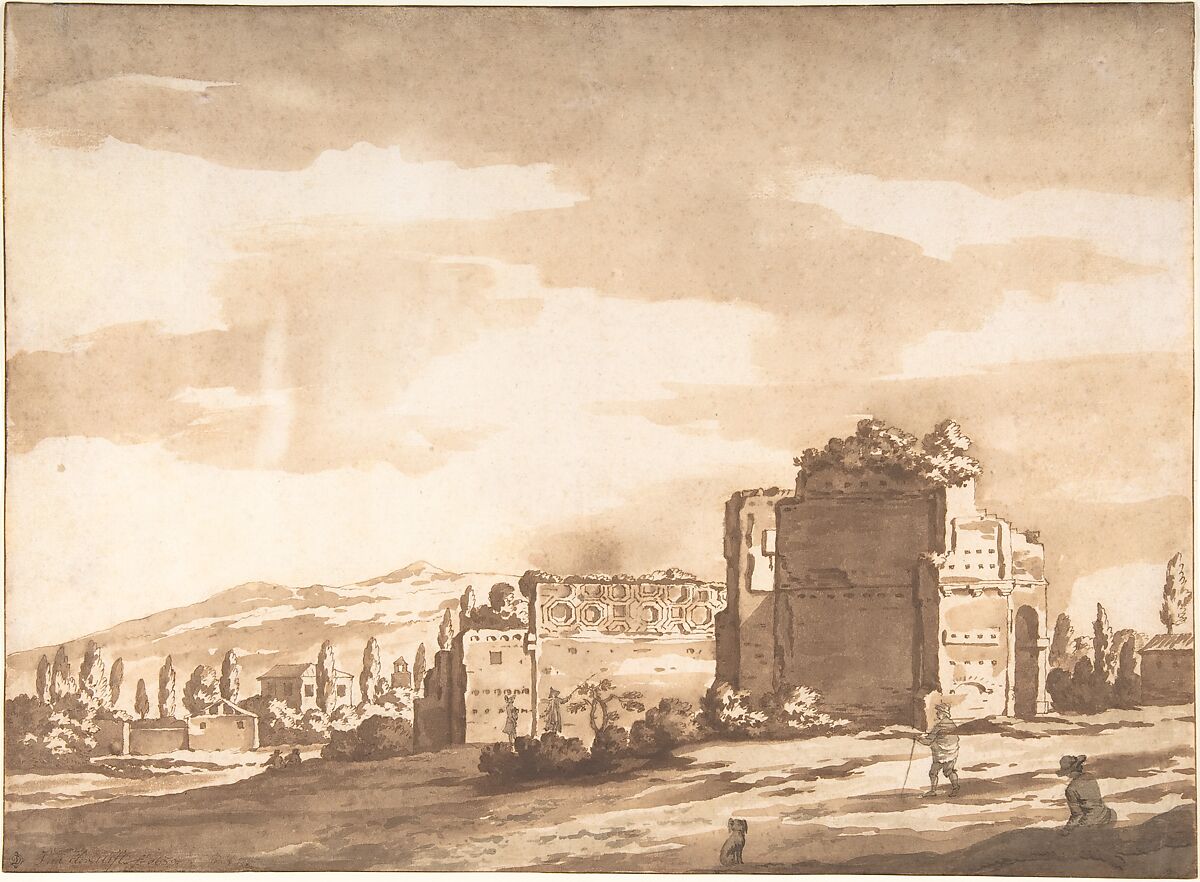 Italian Landscape, perhaps the Monte Mario, Rome, Jacob van der Ulft (Dutch, Gorkum 1627–1689 Noordwijk), Pen and brown ink, brown and gray wash 