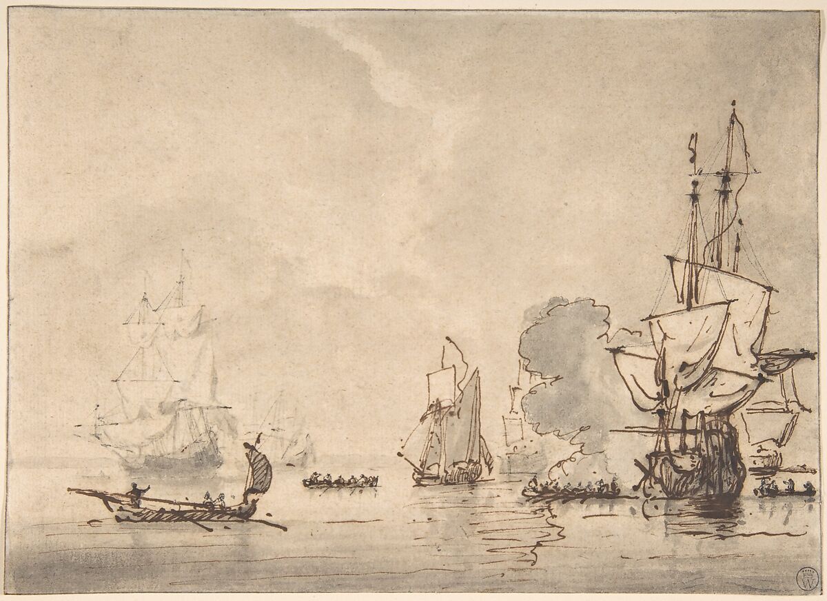 A Frigate at Anchor, Saluting a Nearby Yacht, Willem van de Velde I (Dutch, Leiden 1611–1693 London), Black chalk, pen and brown ink, brush and gray wash 