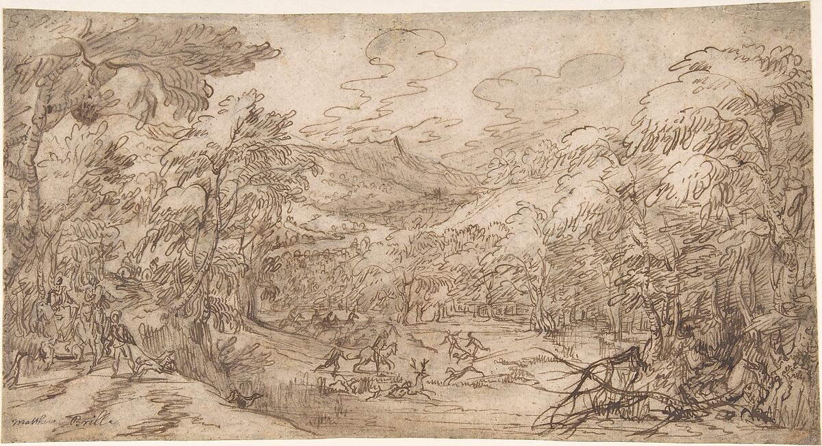 Wooded Landscape with Stag Hunt, Tobias Verhaecht (Netherlandish, Antwerp 1561–1631 Antwerp) (?), Black chalk, pen and brown ink, brown wash 