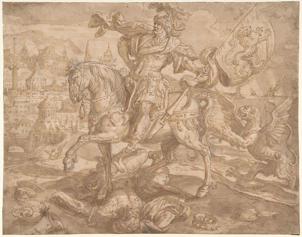 Emperor Ninus, Maerten de Vos (Netherlandish, Antwerp 1532–1603 Antwerp), Black chalk, pen and brown ink, brush and brown wash 