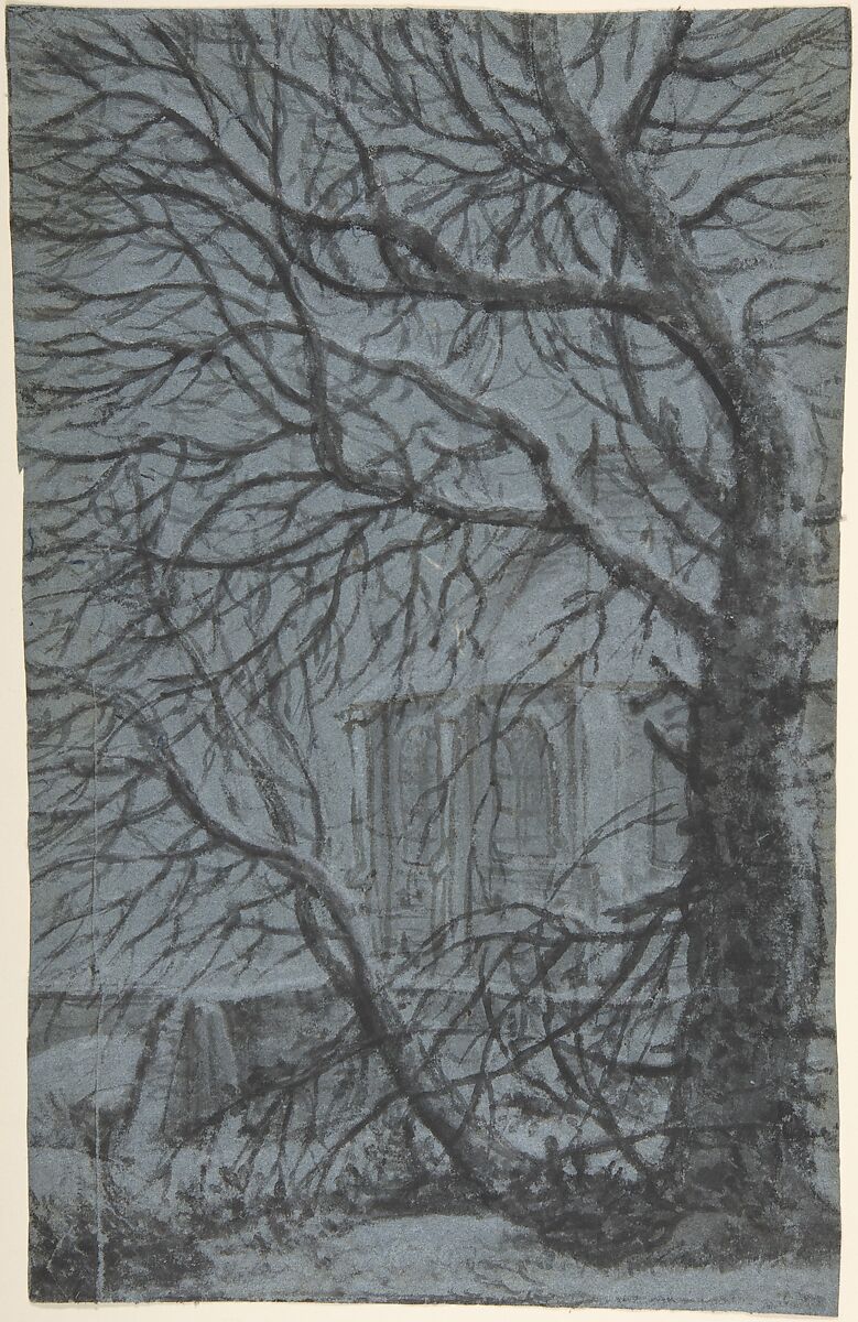 Apse of a Church Seen Through the Snowy Branches of a Tree, Anthonie Waterloo (Dutch, Lille 1609–1690 Utrecht), Black chalk, gray wash, heightened with white, on blue paper 