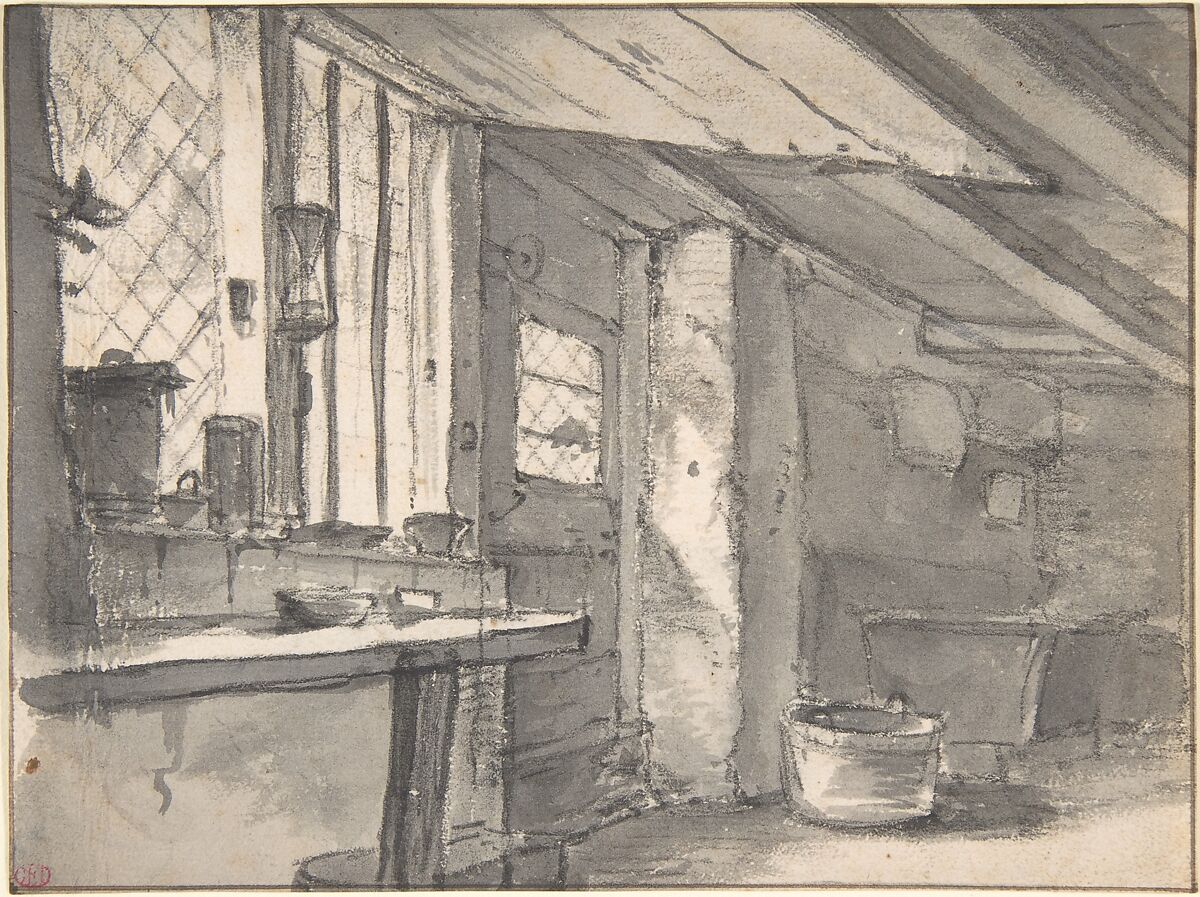 Workshop Interior, Thomas Wijck (Dutch, Beverwijck, near Haarlem 1616?–1677 Haarlem), Black chalk, gray wash 