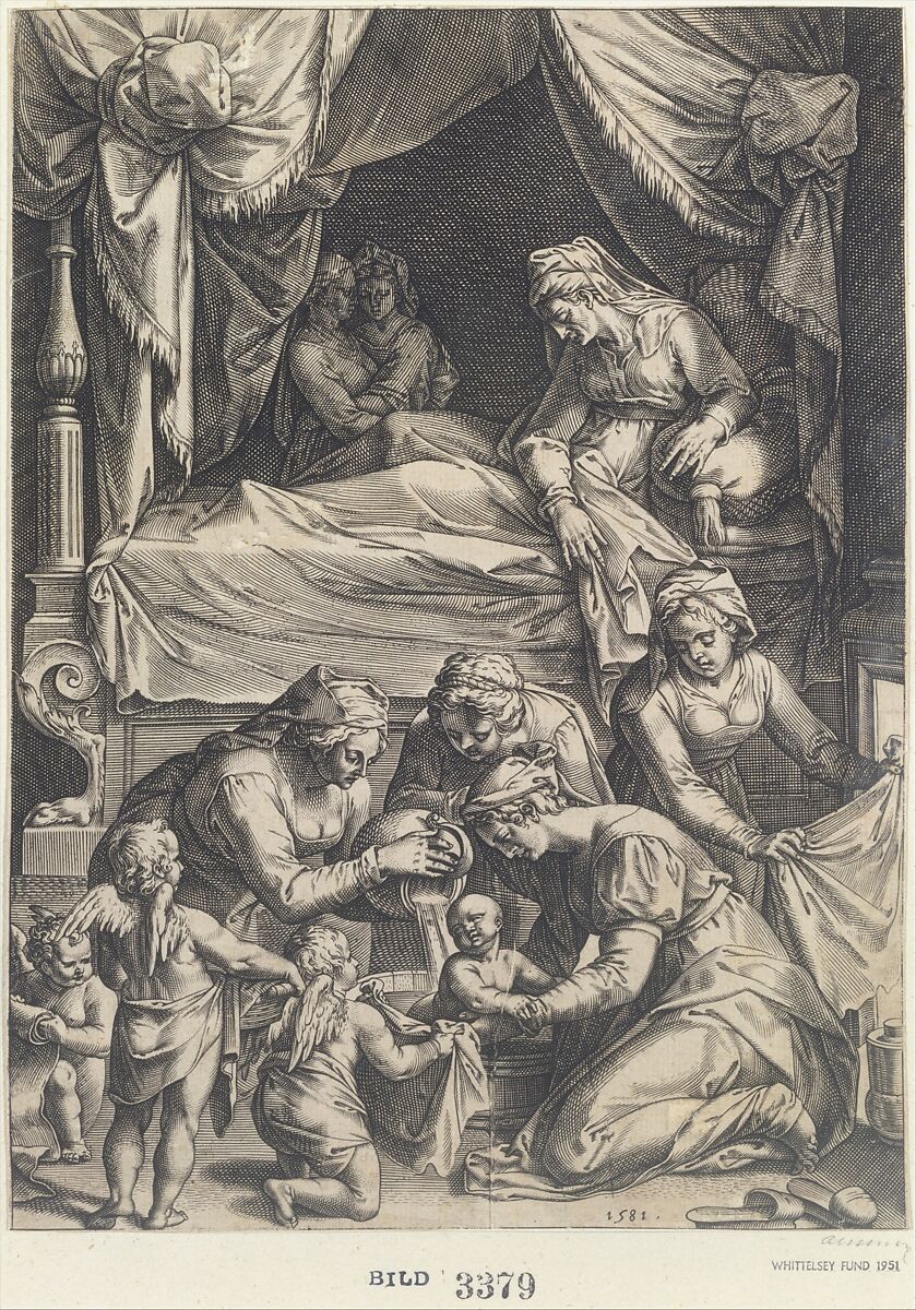 Birth of the Virgin (copy), Julius Goltzius (Netherlandish, died ca. 1595), Engraving; first state of two 