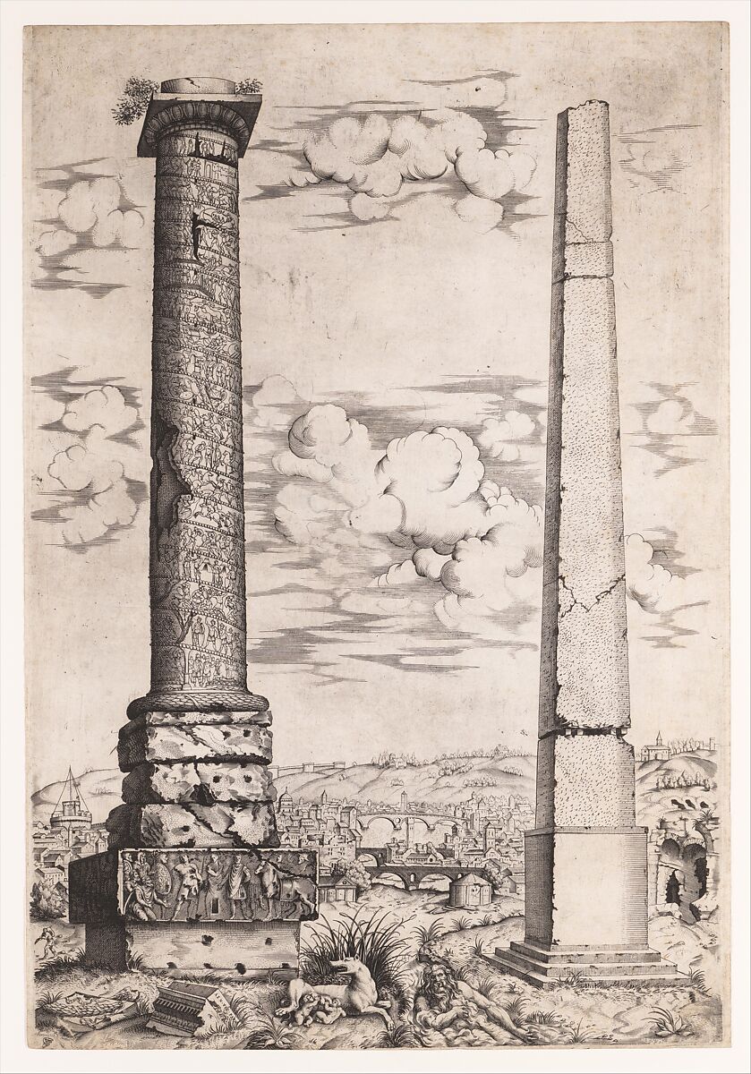 Column of Antoninus and a Roman Obelisk, Enea Vico (Italian, Parma 1523–1567 Ferrara), Engraving 