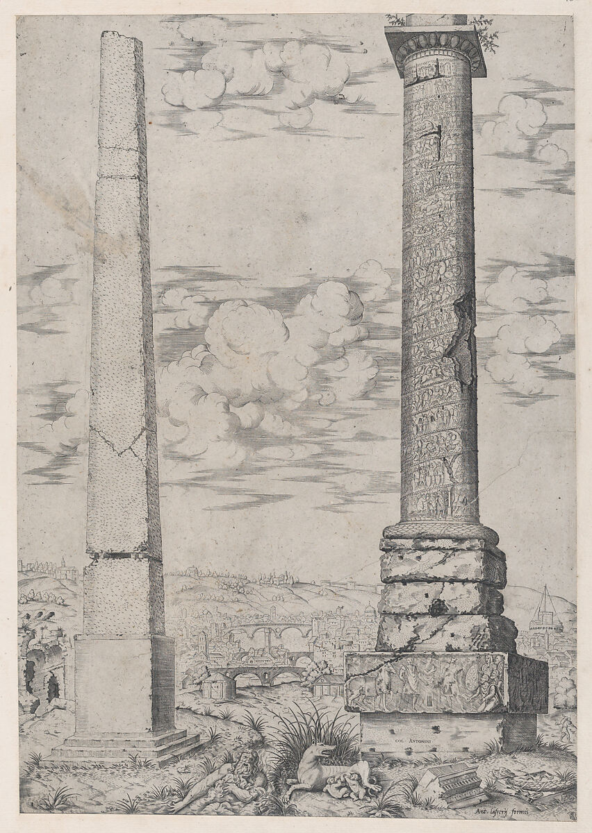 Column of Antoninus and a Roman Obelisk, from "Speculum Romanae Magnificentiae", Anonymous, Italian, 16th century, Engraving 